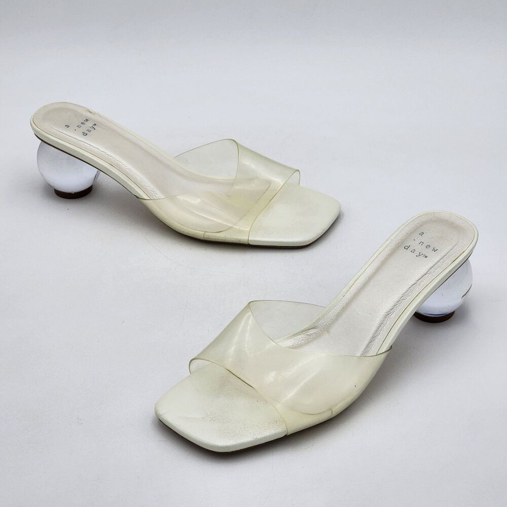 A New Day Lucite Ball Clear Strap Slip On Barely There Heel Sandals White Size 8